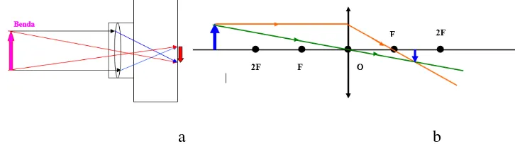 Gambar 2.5: a. Berkas Cahaya pada Kamera, b. Pembiasan Cahaya pada Kamera 