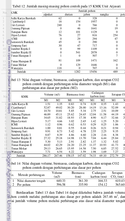 Tabel 12  Jumlah masing-masing pohon contoh pada 15 KMK Unit Arjasari 