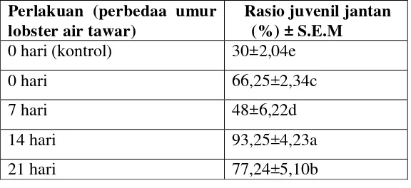 Tabel 2. Rerata hasil penelitian rasio maskulinisasi juvenil lobster air tawar pada hari ke-40 pemeliharaan (16 Mei 2012) 