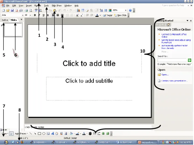 Gambar 1.2 Microsoft PowerPoint   Keterangan:  1.  Titlebar  2.  Menubar  3.  Standard Toolbar  4