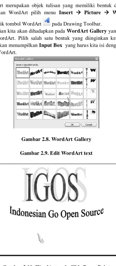 Gambar 2.8. WordArt Gallery  Gambar 2.9. Edit WordArt text 