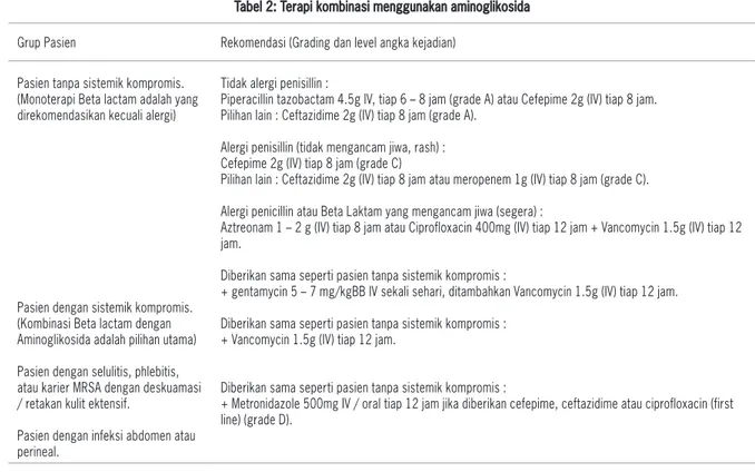 Tabel 2: Terapi kombinasi menggunakan aminoglikosida Grup Pasien Rekomendasi (Grading dan level angka kejadian)