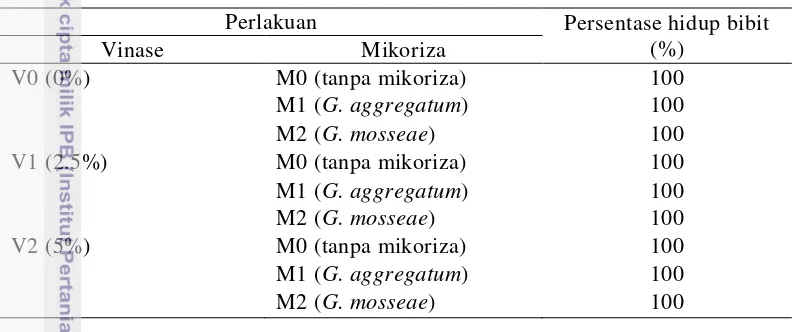 Tabel 2  Persentase (%) hidup bibit malapari dengan perlakuan interaksi vinase dan mikoriza 