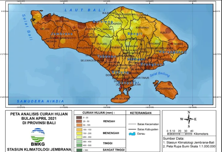 Gambar 1. Peta analisis curah hujan bulan April 2021 di Provinsi Bali