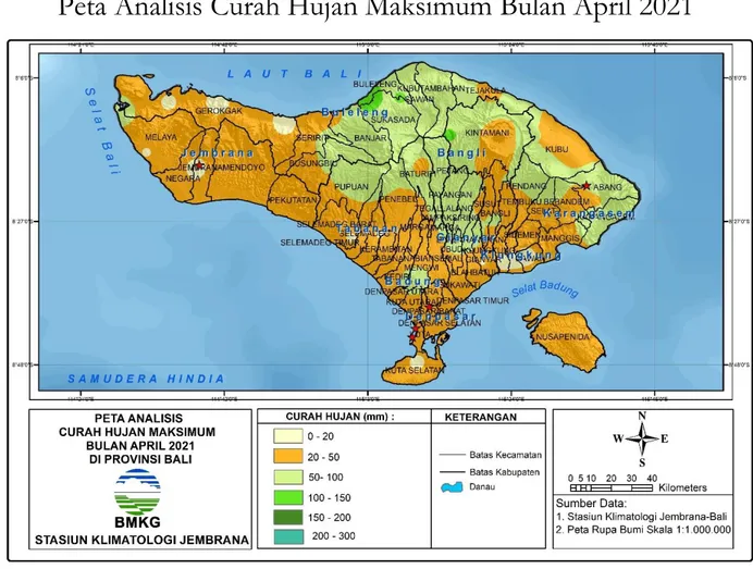 Gambar 3. Peta analisis curah hujan maksimum bulan April 2021 di Provinsi Bali