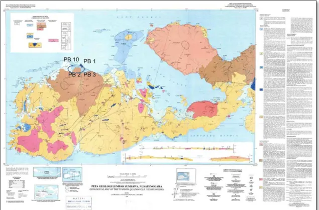 Gambar  1.  Peta  geologi  lembar  Sumbawa,  Nusa  Tenggara  Barat  (Sudradjat  dkk.,  1998),  Lingkaran  biru merupakan daerah penelitian 
