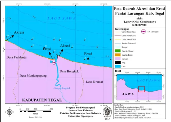 Gambar 2.  Peta Wilayah Akresi dan Erosi di Pantai Larangan Kabupaten Tegal Tahun 2013-2018