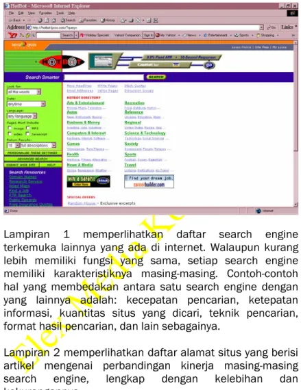 Gambar berikut memperlihatkan contoh tampilan sebuah  search engine HotBot. 