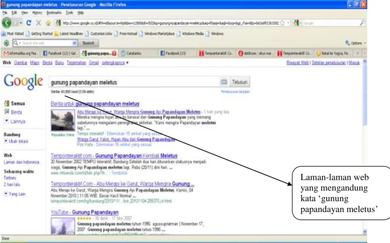 Gambar 1. Hasil pencarian Google untuk query “gunung papandayan meletus” 