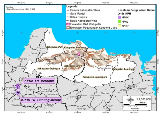 Gambar II-1 Peta wilayah studi KLHS untuk kebijakan pemanfaatan dan pengelolaan  Pegunungan Kendeng yang berkelanjutan 