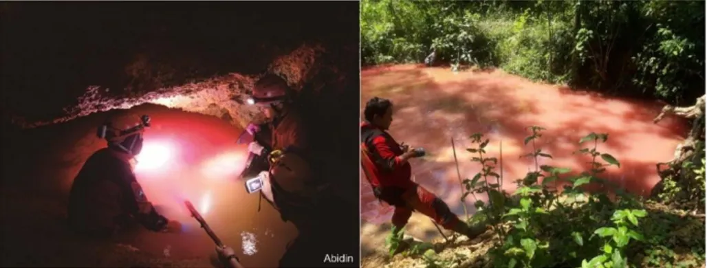 Gambar II-23 Kegiatan pelepasan pewarna di Gua Pari yang muncul di Sumber Kali  Gede (Sumber: Abidin/ISS: caves.or.id) 