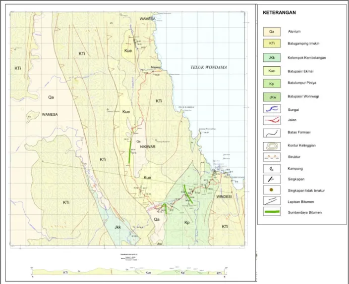 Gambar 6. Peta Geologi dan Sebaran Bitumen P adat Daerah Windesi, Kabupaten Teluk  Wondama, Papua Barat
