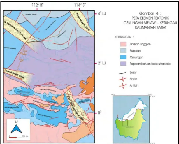 Gambar 3.Pola tektonik dan struktur utama yang berkembang di Cekungan Melawi-Ketungau dan  sekitarnya (Satyana, 2005) 