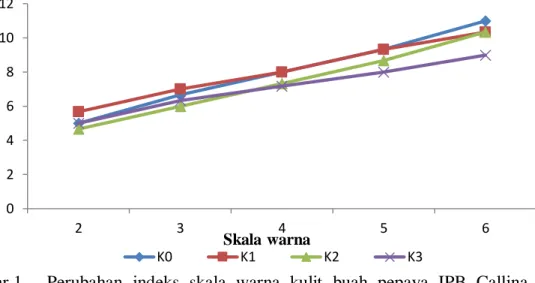 Gambar 1.  Perubahan  indeks  skala  warna  kulit  buah  pepaya  IPB  Callina  selama  penyimpanan