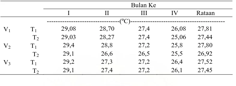Tabel 5. Rata-rata Temperatur disekitar Kanopi Daun Tanaman Kelapa Sawit Varietas Yangambi (V1); Varietas Marihat (V2); Varietas Rispa (V3), Tahun Tanam 1993 (T1) dan Tahun Tanam 1989 (T2)  
