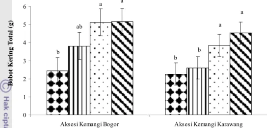 Gambar 12. Bobot Kering Total Aksesi Kemangi Bogor dan Karawang pada  Berbagai Dosis Pupuk Kandang Ayam 