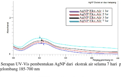 Gambar 8. Serapan UV-Vis pembentukan AgNP dari  ekstrak air selama 7 hari  pada panjang                  gelombang 185-700 nm 