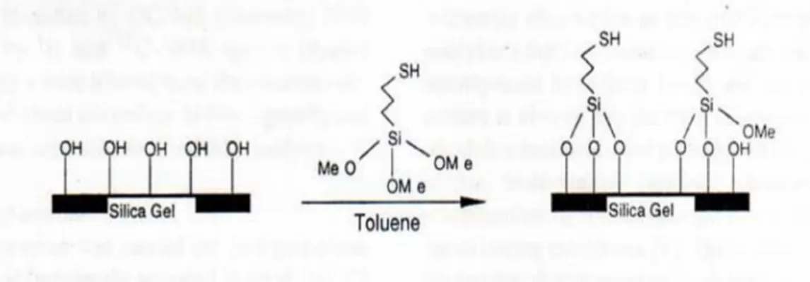 Gambar 1.1 Reaksi silika gel dengan MPTS dalam media toluena                                (Shylesh dkk., 2004) 