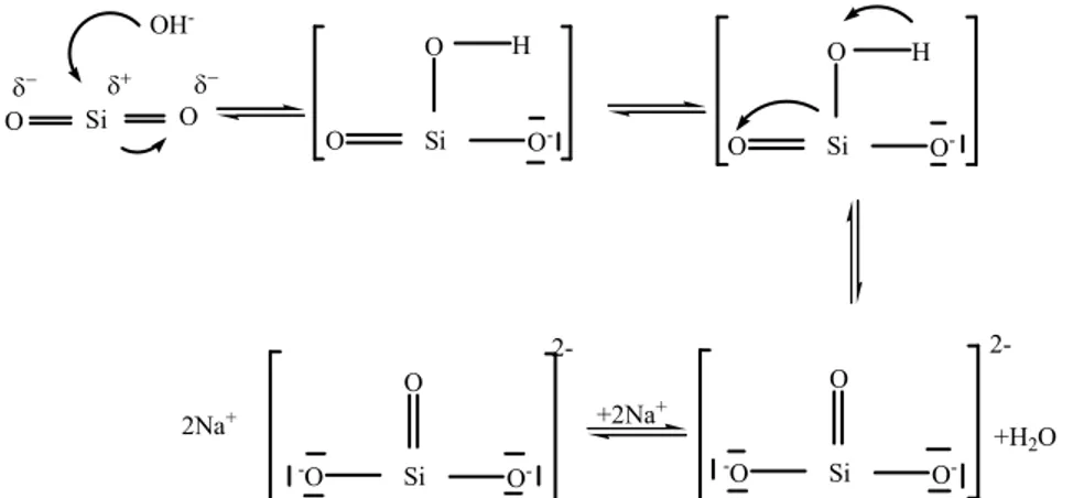 Gambar 2. Model mekanisme reaksi pembentukan natrium silikat (Alex, 2005). 