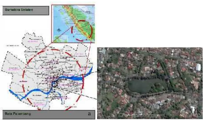 Gambar 1. a. Peta kota Palembang, b. Lokasi Kambang Iwak Palembang