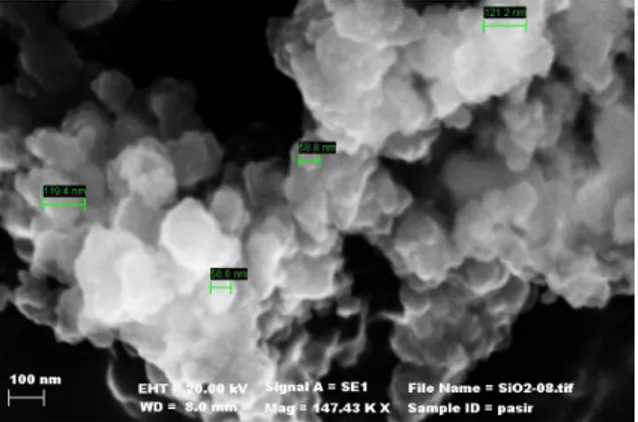 Gambar 3. Profil struktur mikro (hasil uji SEM)  serbuk nanosilika hasil sintesis, (NS)
