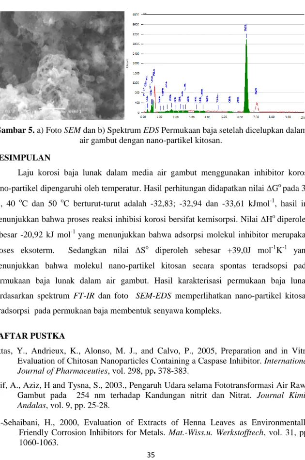 Gambar 5. a) Foto SEM dan b) Spektrum EDS Permukaan baja setelah dicelupkan dalam  air gambut dengan nano-partikel kitosan