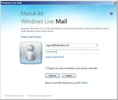 Gambar 18 Tampilan kotak Login untuk masuk dalam Windows Live Mail 