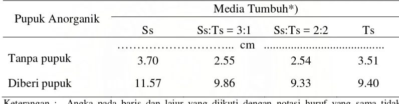 Tabel 7.  Pengaruh Interaksi  Pupuk Anorganik dan Media Tumbuh Terhadap Pertambahan Tinggi Tanaman (cm)  Umur 4 - 5 Bulan