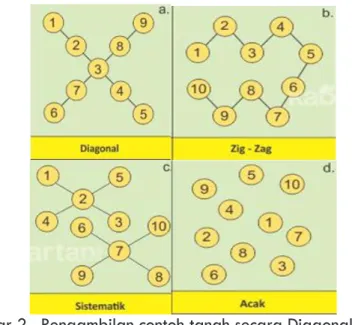 Gambar 2 . Pengambilan contoh tanah secara Diagonal, Zigzag,   kelompok dan acak (Setyorini et all 2016) 