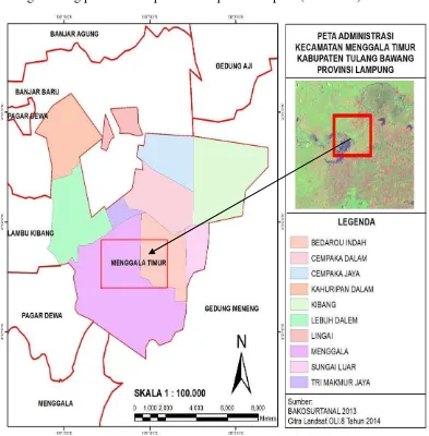 Gambar 2. Peta Administrasi Kecamatan Menggala Timur Kabupaten Tulang  Bawang Provinsi Lampung dengan skla 1 : 100.000 (Nugraha, 2014)