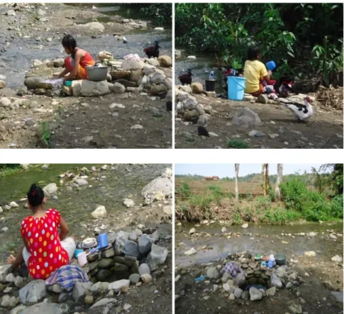 Gambar  tersebut  merupakan  kegiatan  masyarakat  yang  tidak  memilki  jamban  di  rumah,  masyarakat  mencuci  pakaian  dan  peralatan  rumah  tangga  di  sumur  Sungai  Ci  Karo