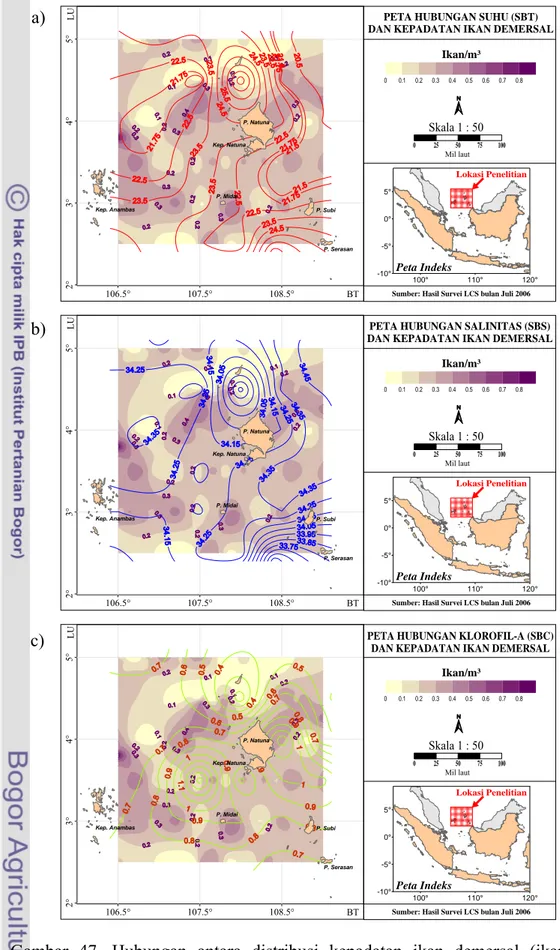 Gambar 47. Hubungan antara distribusi kepadatan ikan demersal (ikan m - ³)  dengan (a) Suhu (°C), (b) Salinitas (psu) dan (c) Klorofil-a (mg m - ³)  dekat dasar di Loksi B (Juli 2006)