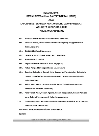 REKOMENDASI DEWAN PERWAKILAN RAKYAT DAERAH (DPRD) ATAS LAPORAN ...