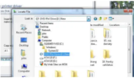 Gambar 14. Akhir penginstalan printer  Gambar 15. Mencari letak Driver  Printer Pada Windows Vista  Gambar 15. Type dan nama Printer Pada Windows Vista  Gambar 15. Akhir Penginstalan Printer Pada Windows Vista  I.2. Setting Printer  Printer yang telah teri