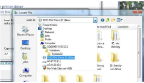 Gambar 14. Akhir penginstalan printer  Gambar 15. Mencari letak Driver  Printer Pada Windows Vista  Gambar 15. Type dan nama Printer Pada Windows Vista  Gambar 15. Akhir Penginstalan Printer Pada Windows Vista  I.2. Setting Printer  Printer yang telah teri