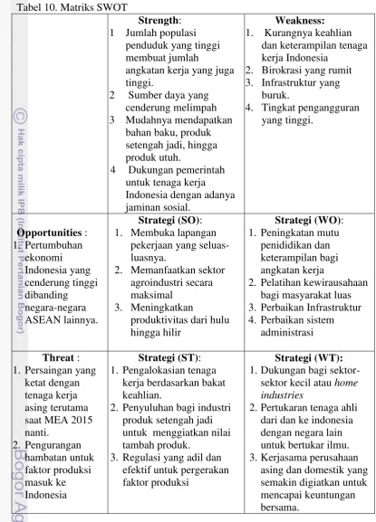 Tabel 10. Matriks SWOT 