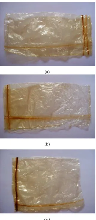 Gambar 3. Film dengan konsentrasi gliserol : (a) 0,5%; (b) 0,8%; dan (c) 1% 