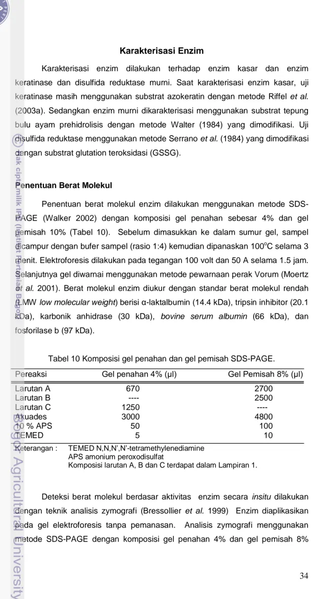Tabel 10 Komposisi gel penahan dan gel pemisah SDS-PAGE.  