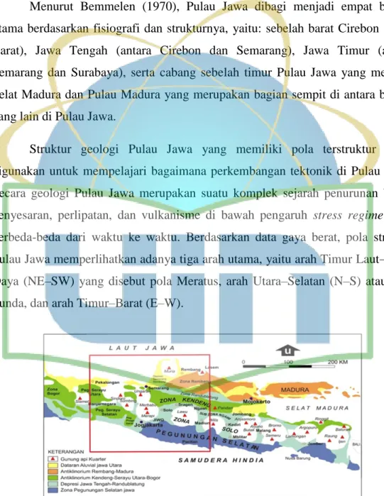 Gambar 2.1 Pembagian fisiografi Pulau Jawa (Bemmelen, 1949), lokasi penelitian termasuk ke  dalam Pulau Jawa bagian tengah (kotak merah).