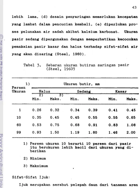 Tabel 3. Sebaran ukuran butiran saringan p a s i r  (Steel, 19603 
