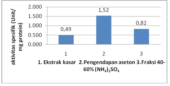 Gambar 3  Profil aktivitas spesifik ekstrak kasar dan hasil pengendapan