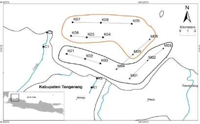 Gambar 2  Lokasi Penelitian di Sungai Cidurian (C1 dan C2), Sungai Cipasilian (K1 dan K2) dan Laut Kronjo (K01-K09 dan M01-M06) 