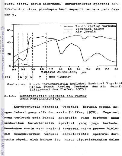 Gambar 4. Kurva Karakteristik Refleksi Spektral Vegetasi Hijau, Tanah Kering Terbuka dan Air Jernih 