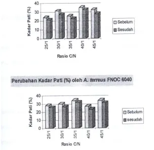 Gambar 9. Histogram Perubahan Kadar Pati (%) Media Fermentasi Padat Onggok-Ampas Tahu Sebelum dan Sesudah Fermentasi