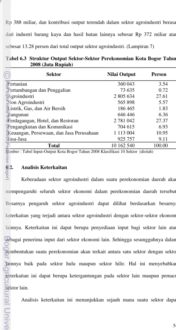 Tabel 6.3  Struktur Output Sektor-Sektor Perekonomian Kota Bogor Tahun  2008 (Juta Rupiah) 