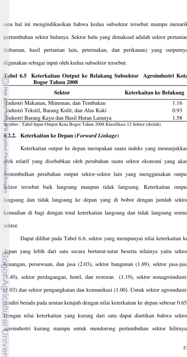 Tabel  6.5    Keterkaitan  Output  ke  Belakang  Subsektor    Agroindustri  Kota  Bogor Tahun 2008 
