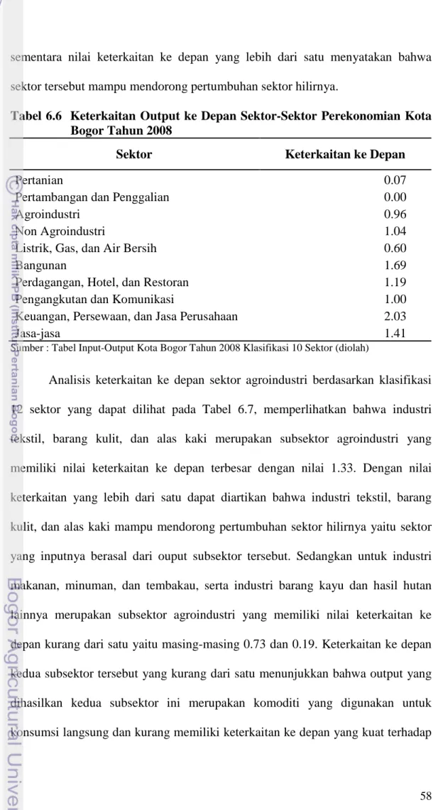 Tabel 6.6  Keterkaitan Output ke Depan Sektor-Sektor Perekonomian Kota  Bogor Tahun 2008 