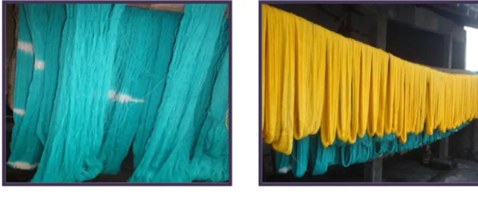 Gambar  berikut  ini  menunjukkan  proses  pengikatan  benang  sebelum  dicelup  pewarnaan untuk membentuk motif khas NTT,  dan pewarnaan ikat celup pada kain kaos