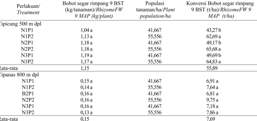 Tabel 6. Pengaruh kondisi agroklimat, pupuk N dan populasi terhadap bobot segar (BS) rimpang jahe putih besar umur  9 BST (panen) 