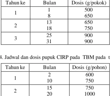 Tabel 4. Jadwal dan dosis pupuk CIRP pada  TBM pada  tanah gambut  Tahun ke  Bulan  Dosis (g/pohon) 